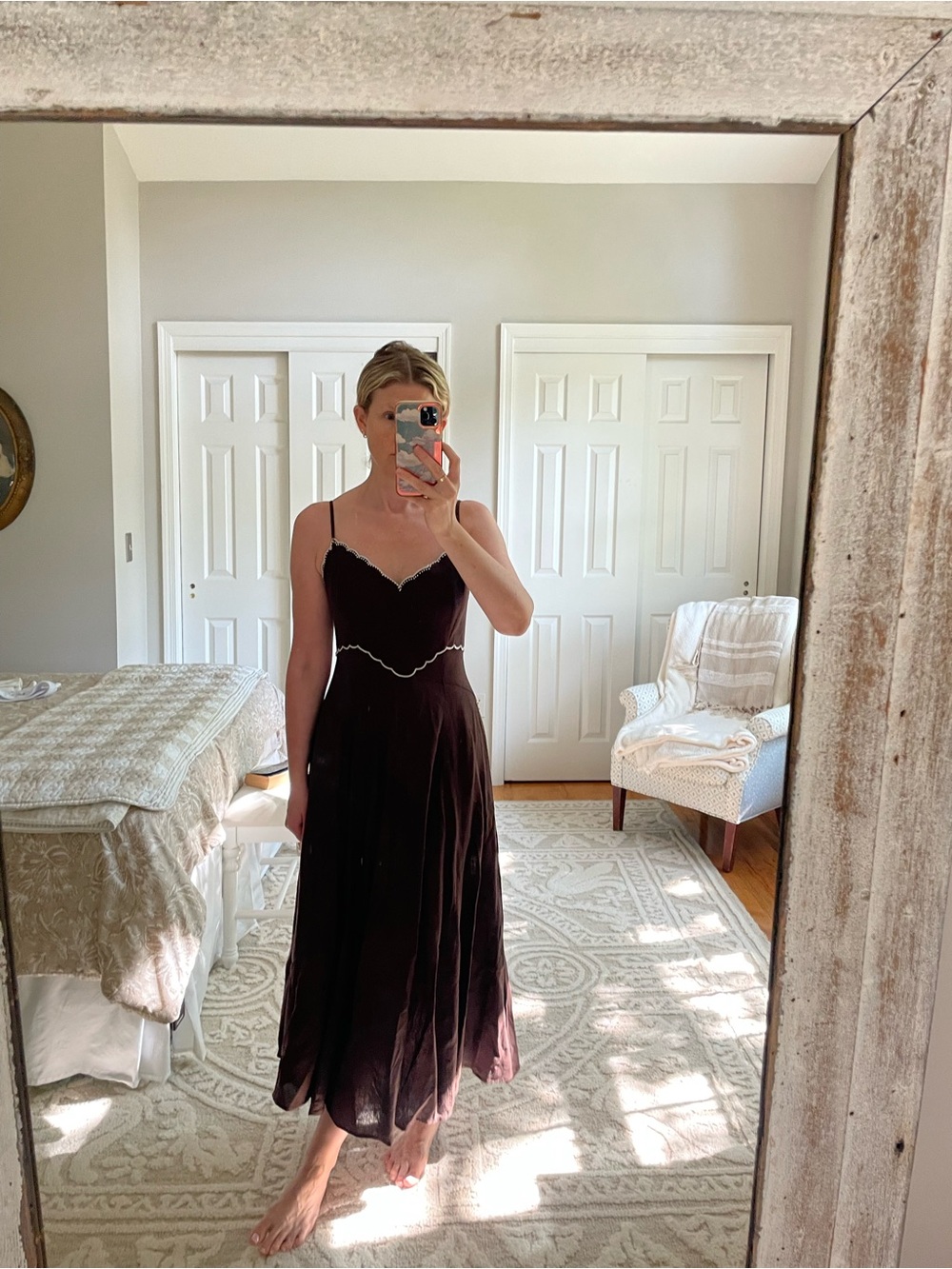 NWT Caroline Constas Brown Scallop-Trim Spaghetti-Strap Midi Dress || Size XS